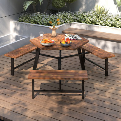 Ensemble de table de pique-nique en bois d'acacia pour 6 personnes avec cadre en métal à 3 sièges