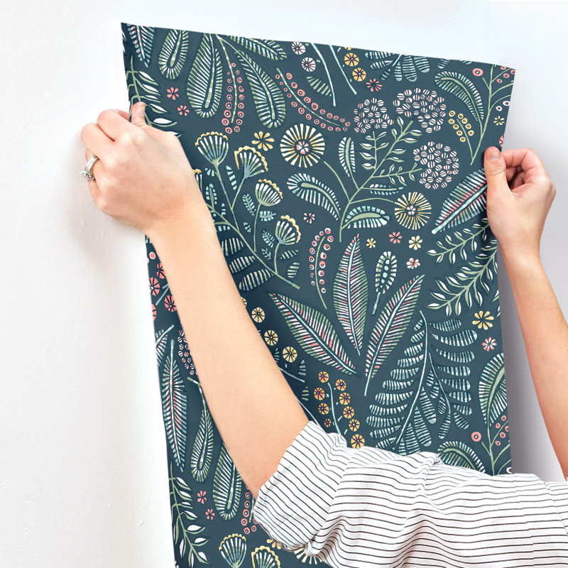 Briar Navy Floral Wallpaper, Teal