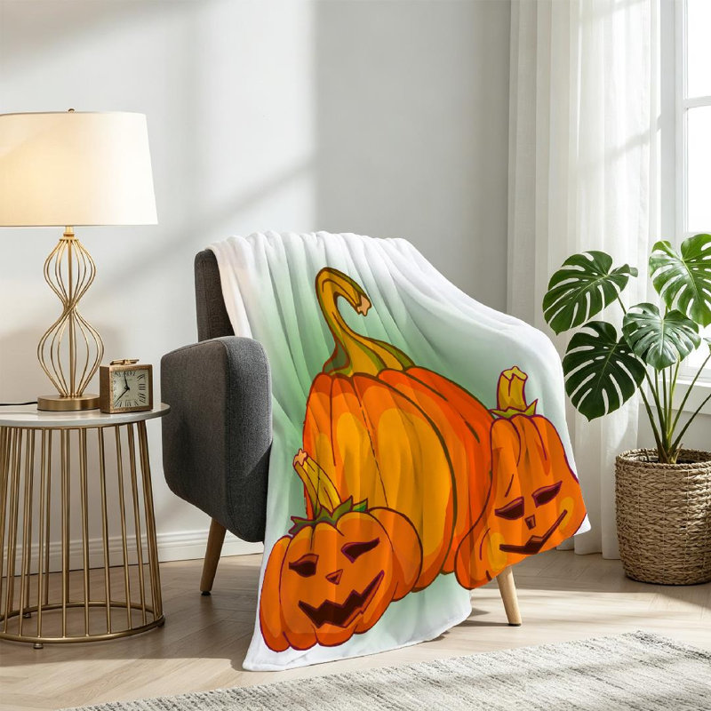 Jeté orange en flanelle molletonnée orange, imprimé citrouille d'Halloween, Jeté 30 po x 40 po