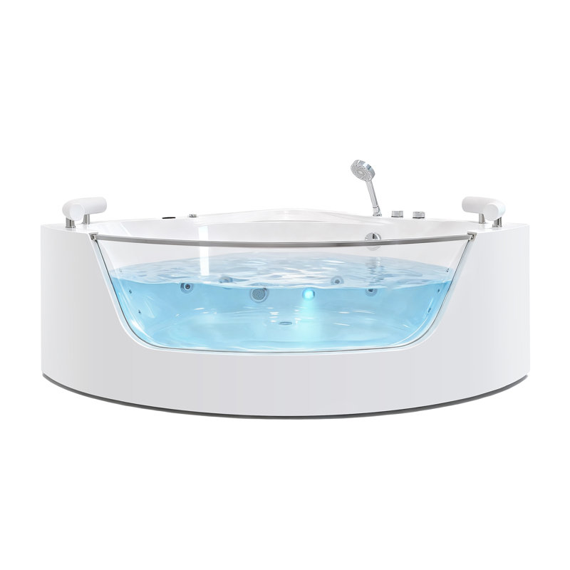 59" Corner Whirlpool Bathtub Hydrotherapy Tub with 16 Jets, Rainbow LED Light