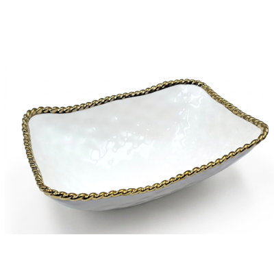 Bol de service rectangulaire élégant en porcelaine avec garniture torsadée dorée 13 po Eichner