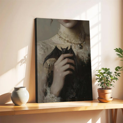 Affiche encadrée vintage gothique sombre représentant une chauve-souris, peinture murale représentant une fille tenant une chauve-souris, décoration murale mystérieuse, œuvre d'art cottagecore sombre, Decorat