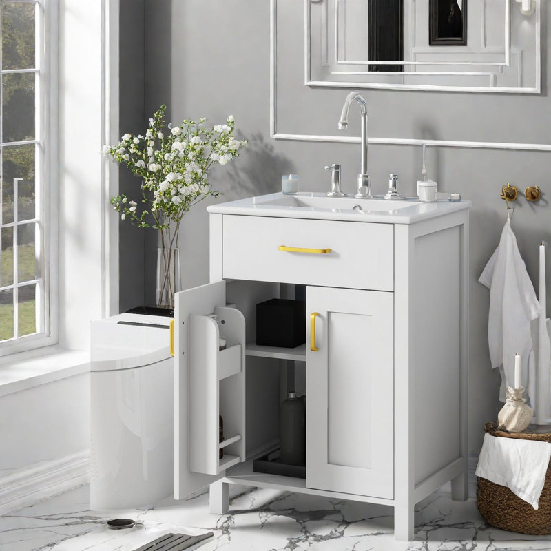 Modern Space-saving Vanities With Ceramic Sink, Solid Wood Construction