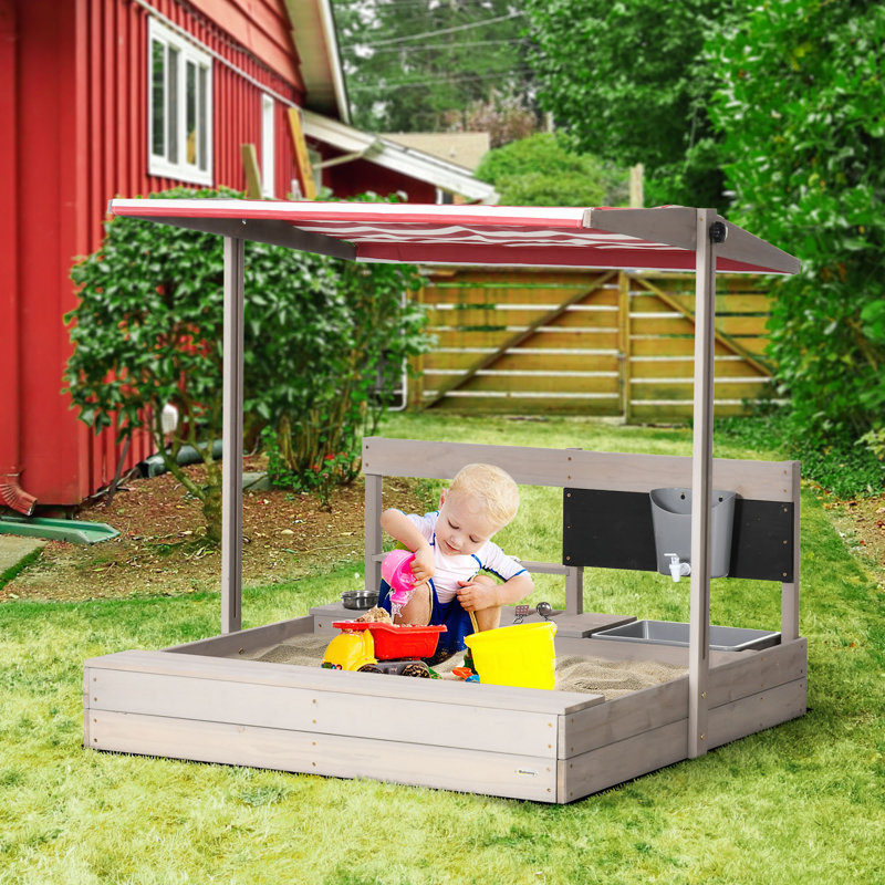 Outsunny 43.25'' x 43.25'' Solid Wood Rectangle Sandbox with Cover