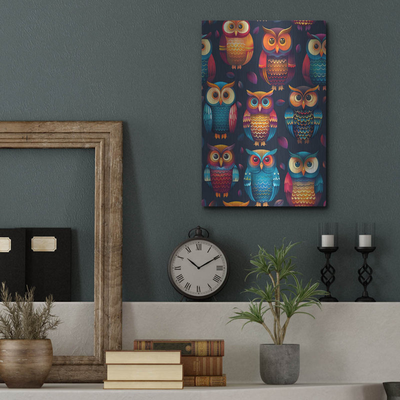Art mural luxueux en métal «Color Pattern Small Owl» par Momart, H 16 po x l 12 po