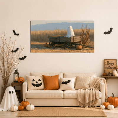 Art mural sur toile fantôme - œuvre d'art d'Halloween rétro, reproduction de scène d'automne fantôme mignonne pour maison de campagne, chambre à coucher, toile tendue avec cadre en pin, 16 po x 32 po