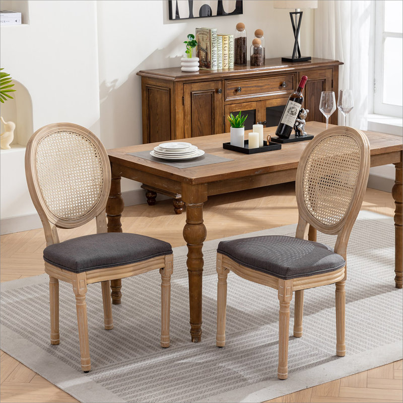 Chaise de salle à manger à dossier en rotin antique avec structure en bois massif, ensemble de 2