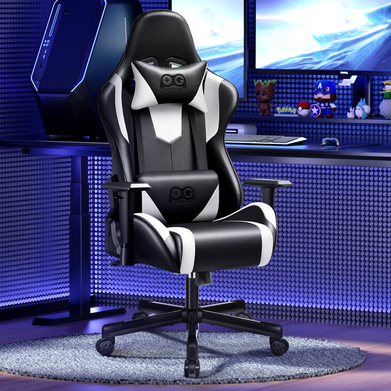 White and Black PU Leather Ergonomic Gaming Chair with Lumbar Support