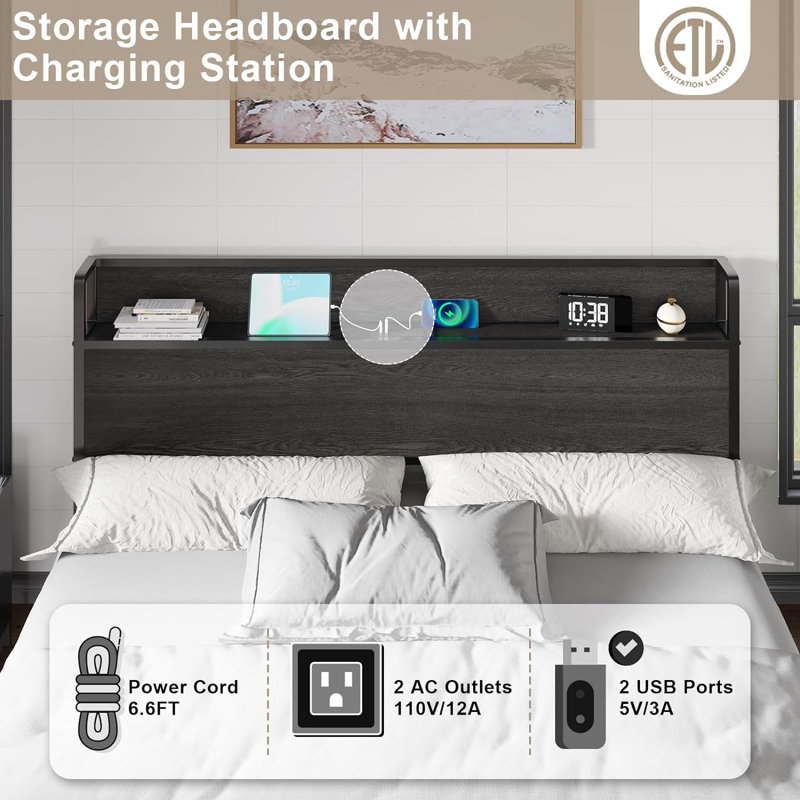 King Size Black MDF Lift Up Storage Bed Frame with Charging Station