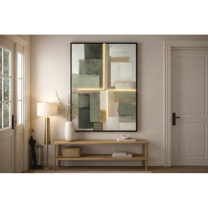 Luminous Grid II - 47 po x 35 po - Sauge, ivoire, or - Toile DEL embellie à la main dans un cadre