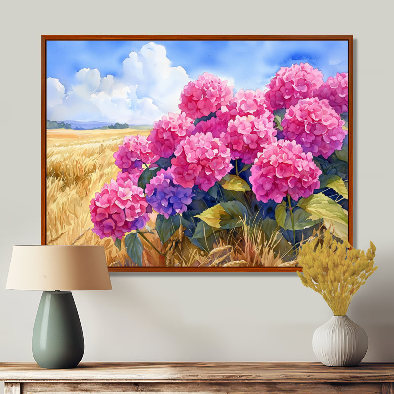 Hortensias dans le champ de céréales III - hydrangées, art mural, H 30 po x l 40 po, Brun, Impression encadrée flottante