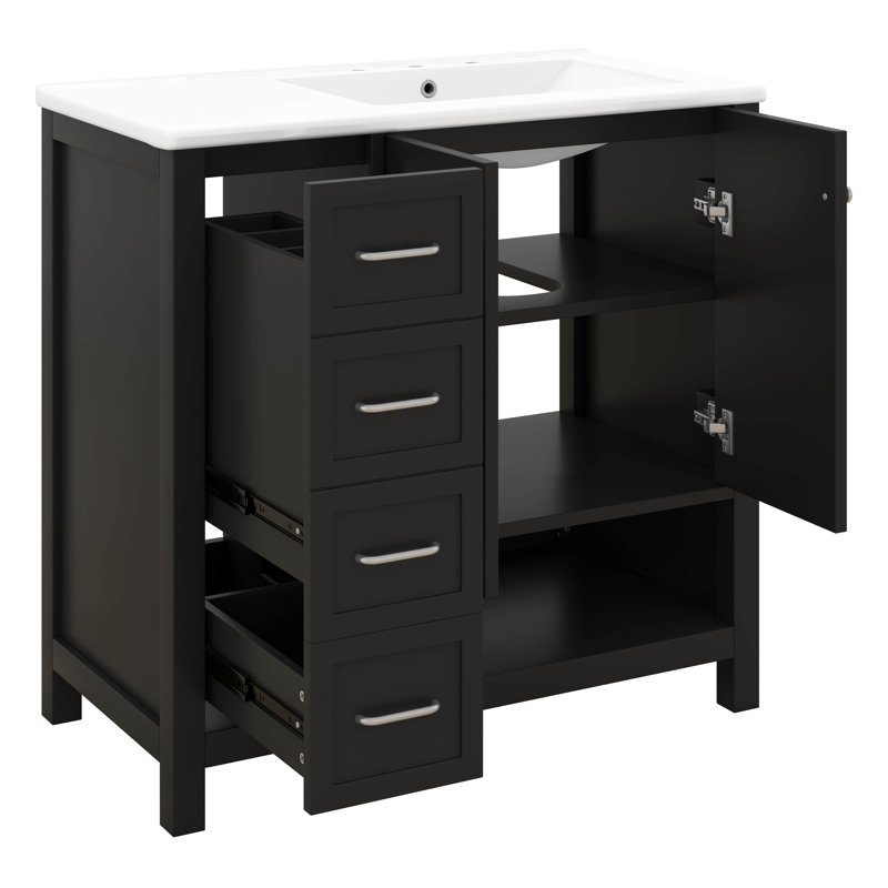 Meuble-lavabo simple 36 po avec lavabo 36 po, 2 tiroirs, 2 portes et tablette ouverte, Noir