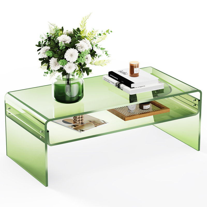 Large Green Acrylic Coffee Table with Open Storage Shelf