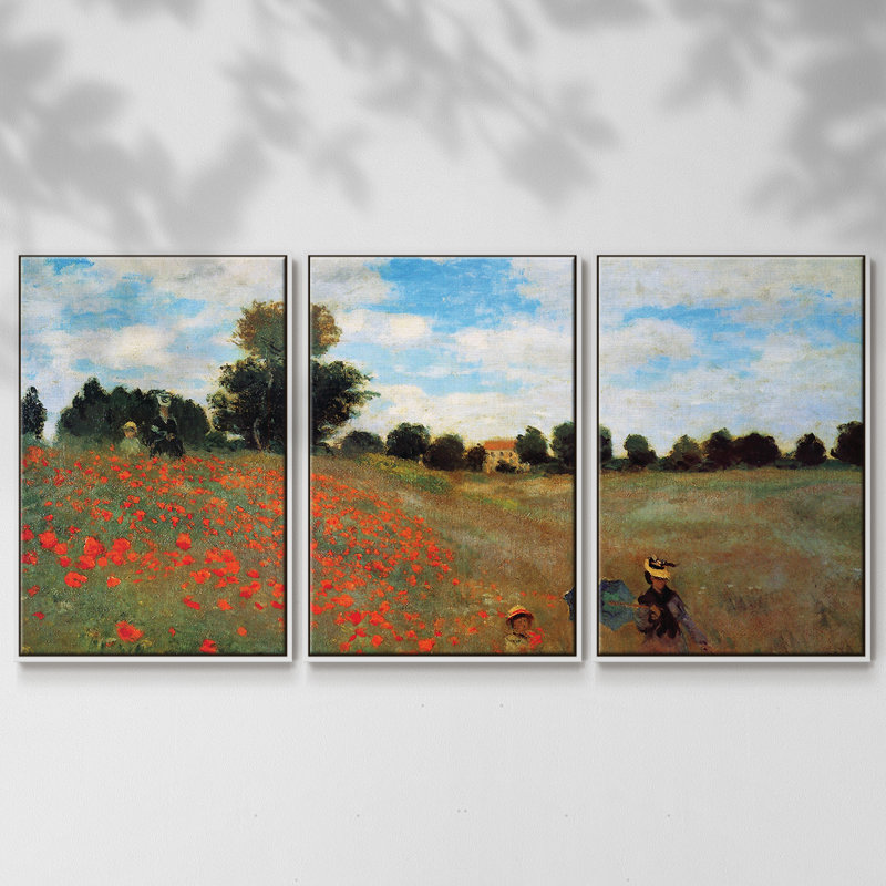 Les Coqueliquots, reproduction sur toile 3 pièces, H 36 po x l 75 po x P 2 po, Cadre blanc