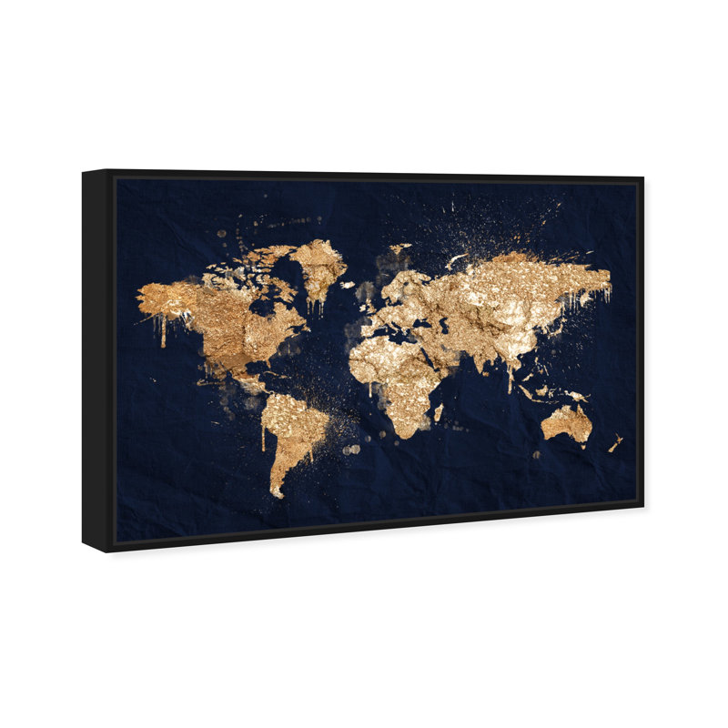 Mapamundi Metallic World Splash Modern - cadre photo, impression, Toile avec cadre noir, H 10 po x l 15 po x P 1,75 po