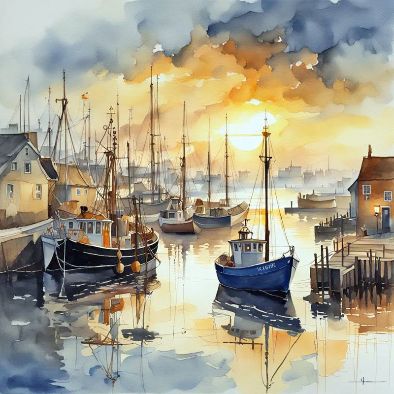 Art mural sur toile Harbour Sunrise Serenity, 12" H x 12" W x 1" D
