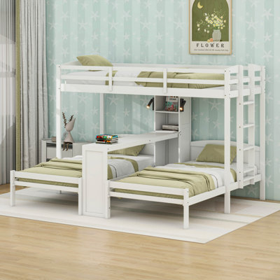 Twin Over Twin And Twin Bunk Bed With Desk & Storage Shelves, Space-Saving Wooden Triple Bunk Bed Frame With LED Lighting