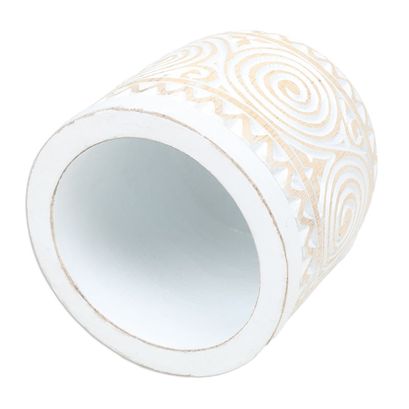 Hand-Carved White and Beige Wood Decorative Table Vase