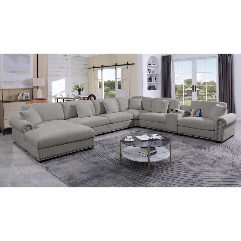 Stimpson 7-Seater Modular Sectional with Cup Holders, Light Gray Chenille