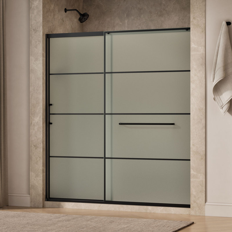 Sliding Shower Door, 75-1/2-In H X 68-1/4 - 71-5/8-In W, Frosted w/Rectangular Grid