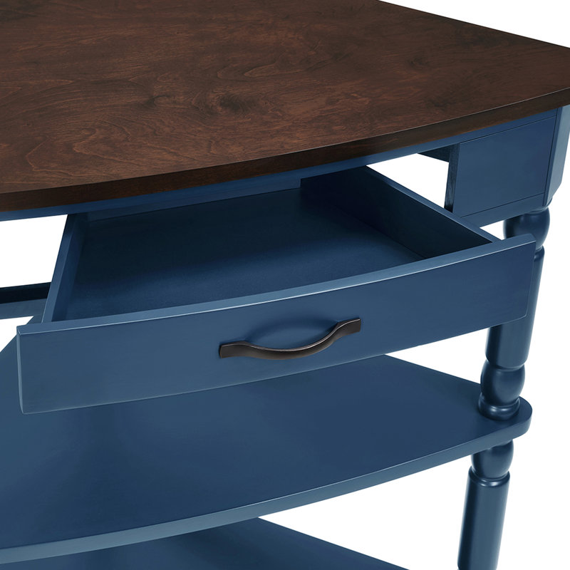 Table basse d'angle compacte à 3 niveaux avec pieds en bois massif, bleu marine / espresso pour les petits espaces