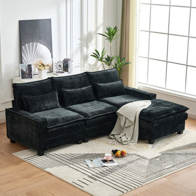 99'' Sectional Cloud Deep Seat Couch, Modern Comfy Chenille L Shaped Sectional Sofa For Living Room Set, Upholstered 4-Seats Sofa Couch With Movable Ottoman, Black