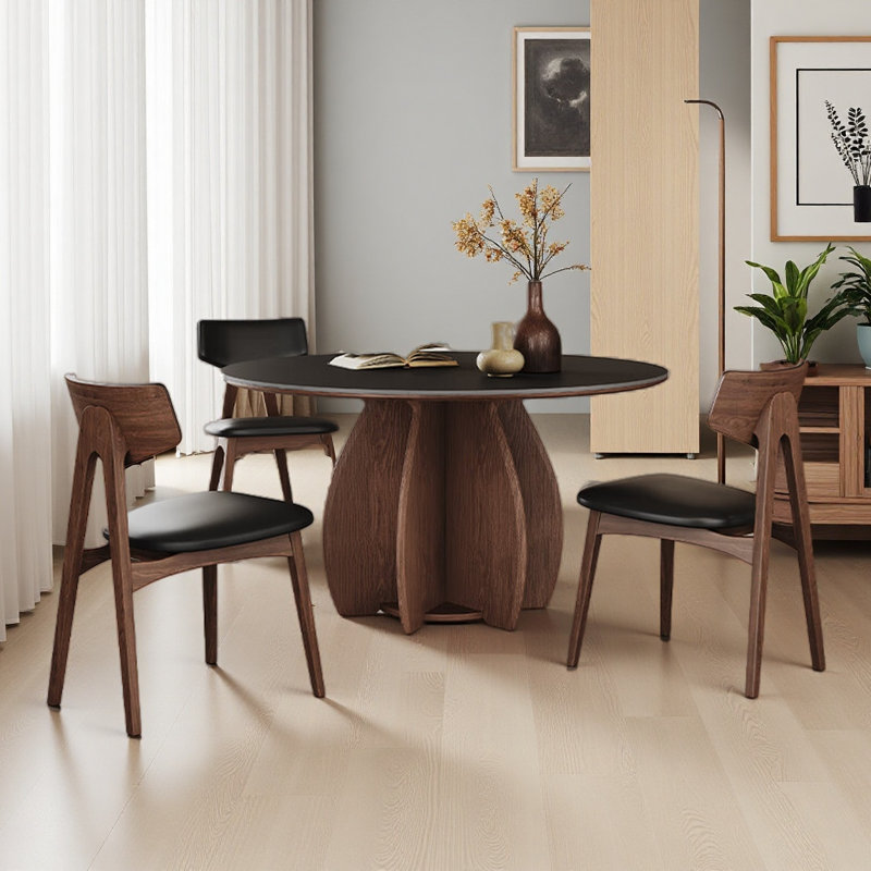 Modern and Simple Design Round Dining Table, Black, Nut Brown