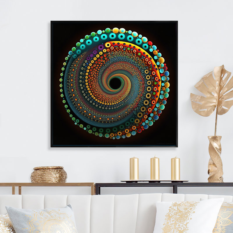 Iridiscdent Pointillism Spiral Turquoise Shades I - reproduction sur toile, H 36 po x l 36 po x P 1,5 po, Cadre flottant noir