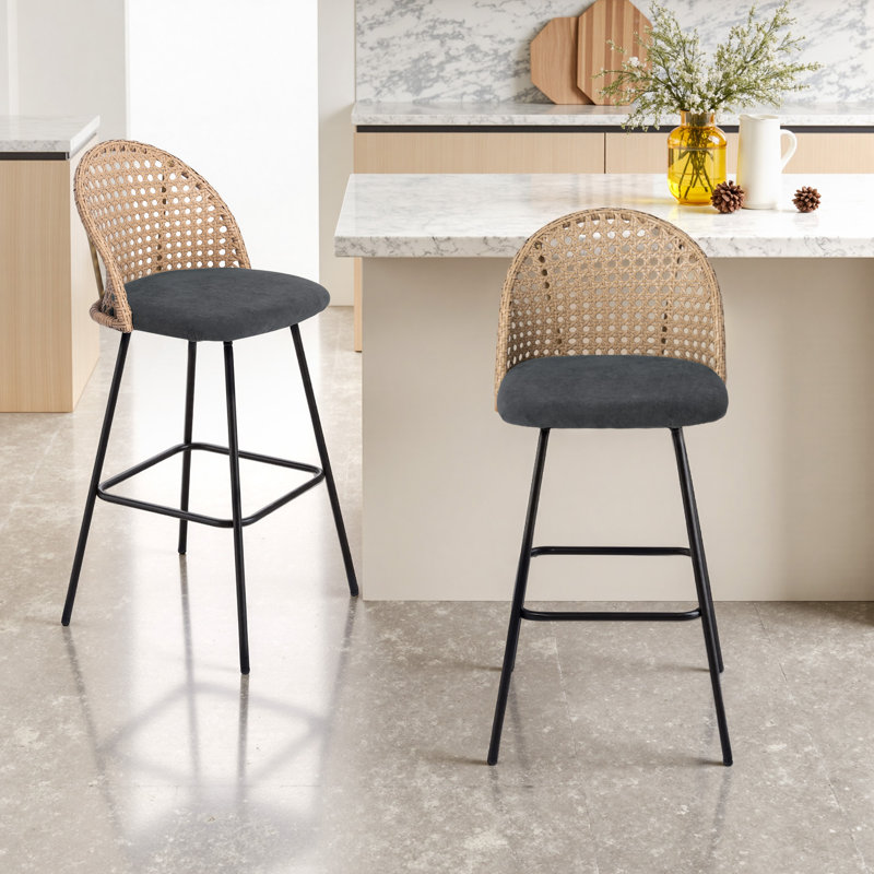 Upholstered Black Rattan Full Back Counter Bar Stool, Black