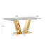 Table de cuisine rectangulaire en marbre 70 po avec base en acier inoxydable, design moderne, confortable pour 6 à 8 personnes, sièges de salle à manger 70 po Can Be A Coffee, or et blanc, présentation