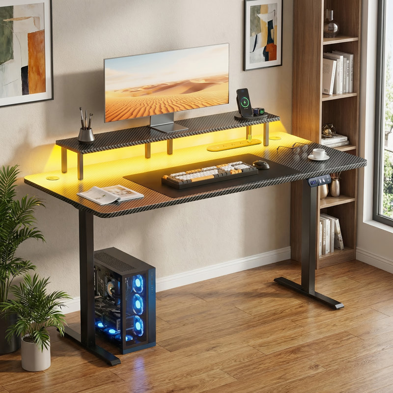 Electric Standing Desk 55", Height Adjustable Sit‑Stand Desk with Monitor Riser, RGB LED Lights & Built‑in Power Strip, Carbon Fiber Surface Stand Up Computer Desk for Home Office Gaming Workstation