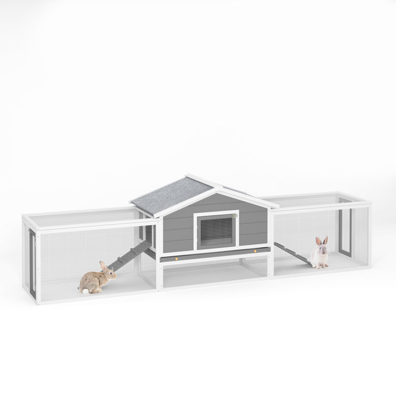 Maison pour lapins à 2 étages avec rampes, portes verrouillables et toit imperméable - pour l'extérieur, portes en bois, plateau coulissant en asphalte