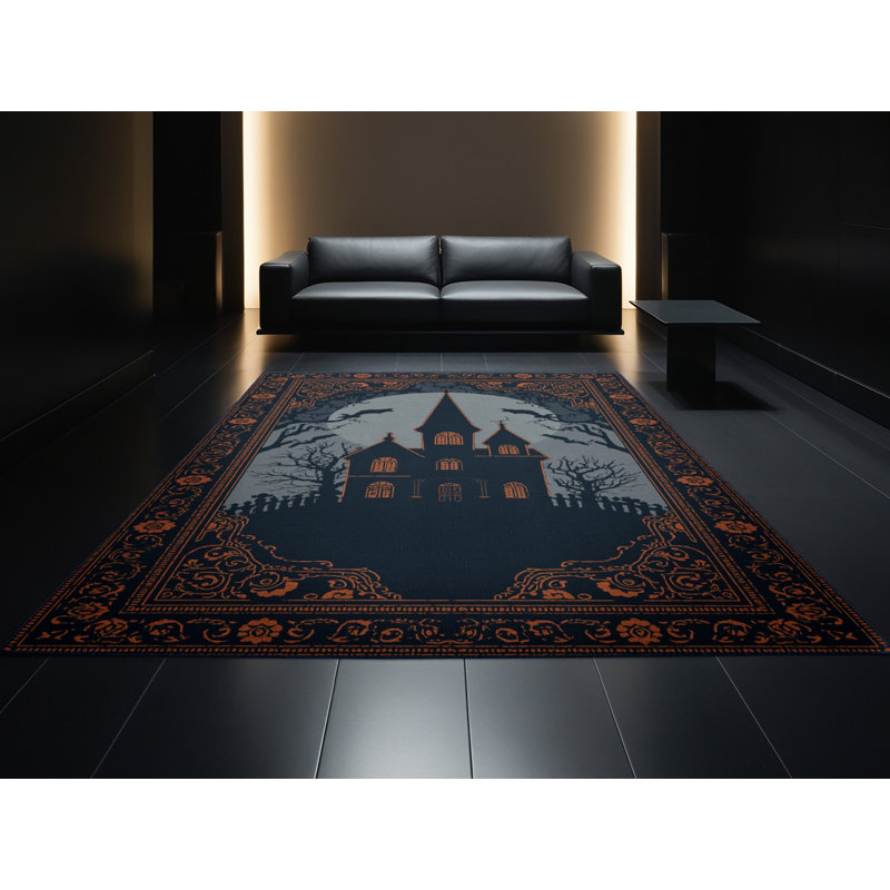 Machine Washable Pryer Halloween Modern & Contemporary Abstract Rug in Gray – Navy Binding, 2x4