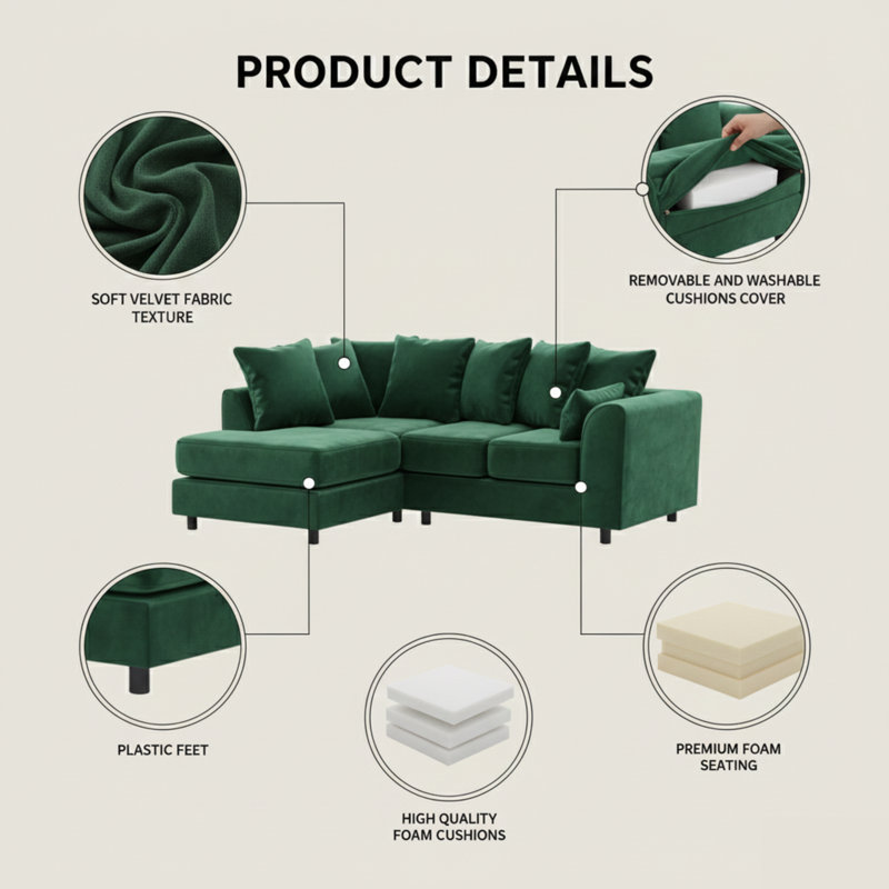 4 Seater Velvet Sofa & Chaise, Left, Green