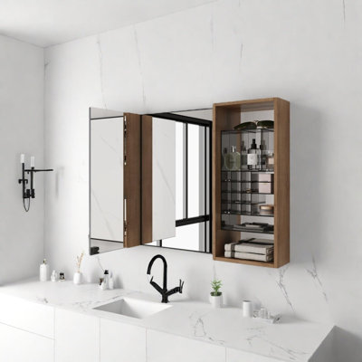 Wall Mounted Bathroom Mirror Cabinet With Adjustable Glass Shelves And Storage Organizer