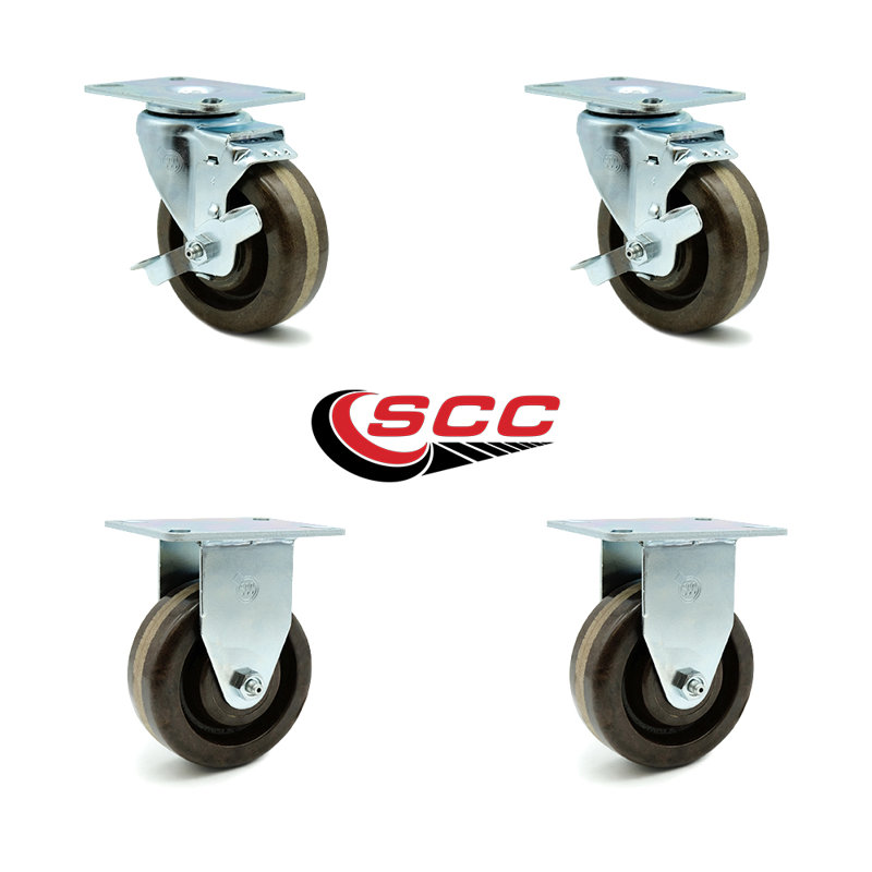SCC 4” x 1.5" High Temp Phenolic Wheel Caster Set 4 - 2 Swivel w/Brakes/2 Rigid