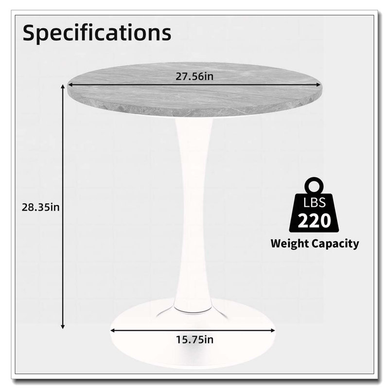Table de salle à manger ronde en bois avec base piédestal, table basse, Blanc, Marbre gris