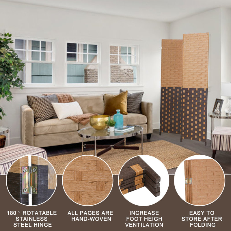Modern 4-Panel Brown and Black Woven Wood Folding Room Divider