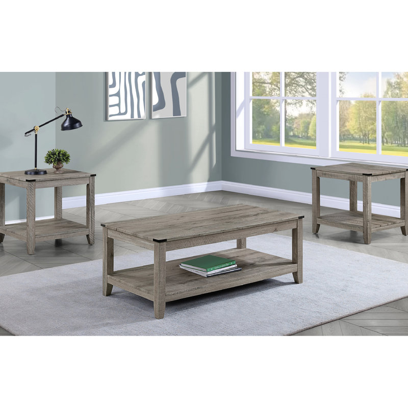 Table de salon rustique gris et brun: table basse rectangulaire et 2 tables de bout carrées en bois