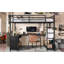 Lit mezzanine en métal avec garde-robe, bureau en L et tablettes de rangement pour une économie d'espace.-375373192-375373198