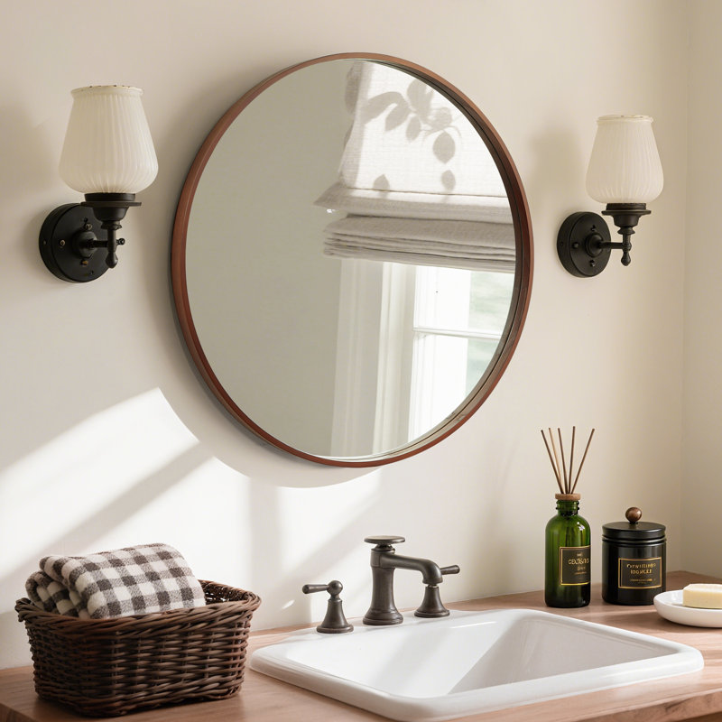 Wood Round Wall Mirror for Bathroom Bedroom Vanity Home Decoration, Walnut, 24" x 24"