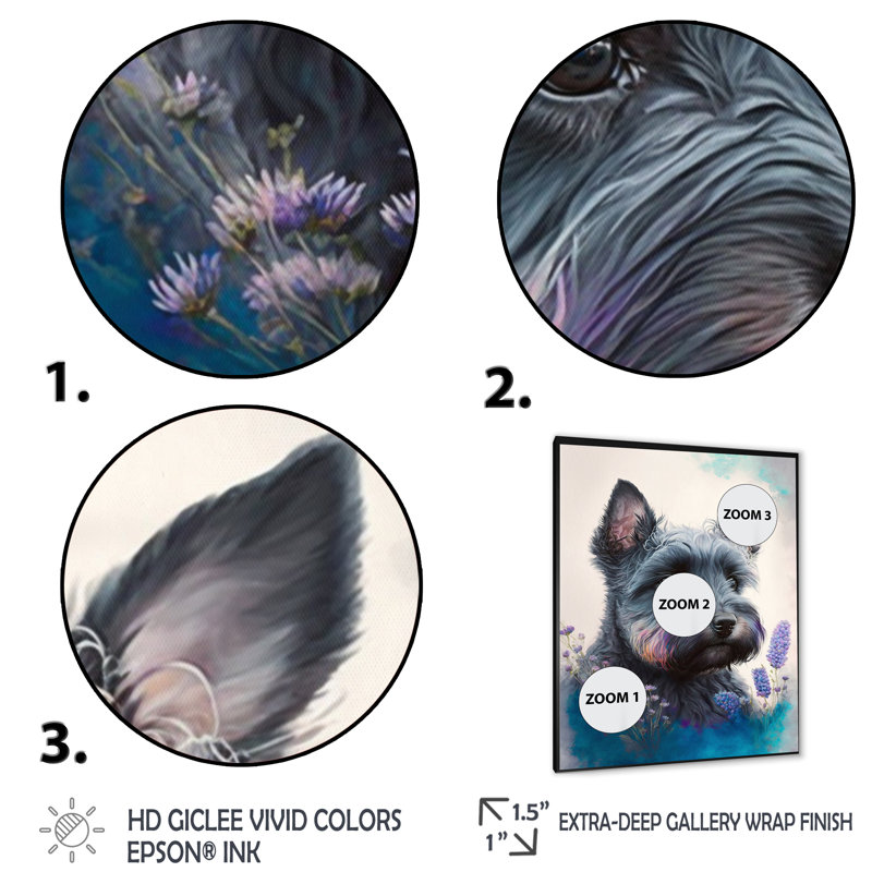 «Cute Schnauzer Floral», impression sur toile, Cadre photo noir, H 40 po x l 30 po x P 1,5 po