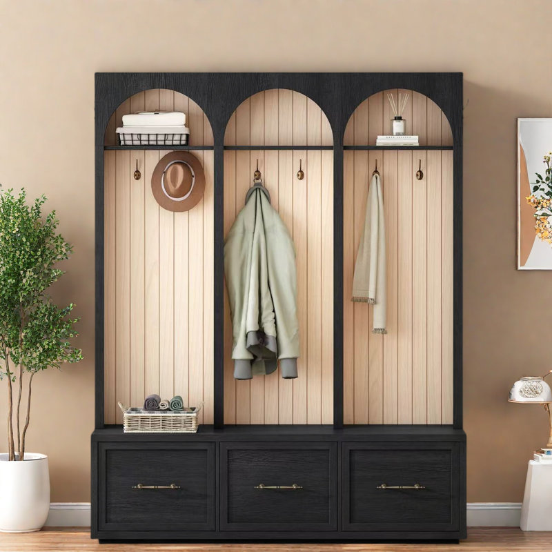 Farmhouse Wooden Style Hall Tree With Arched Design, Bench, 8 Retro Hooks, And 3 Drawers, Black