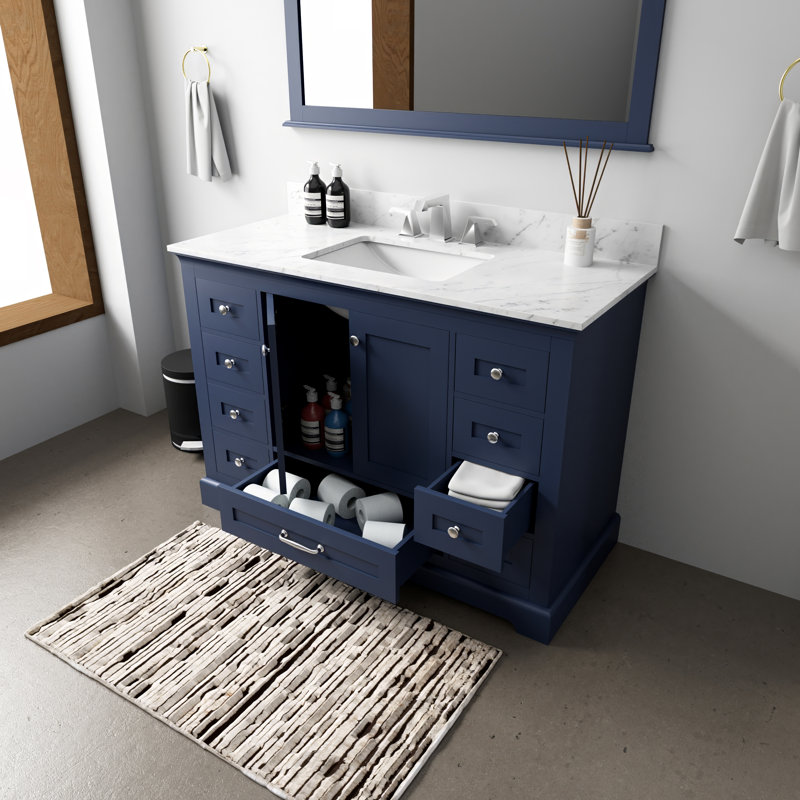 Dukes 48"  Single Vanity, Square Sink And 46" Mirror W/ Faucet, Navy Blue, White Carrara Marble