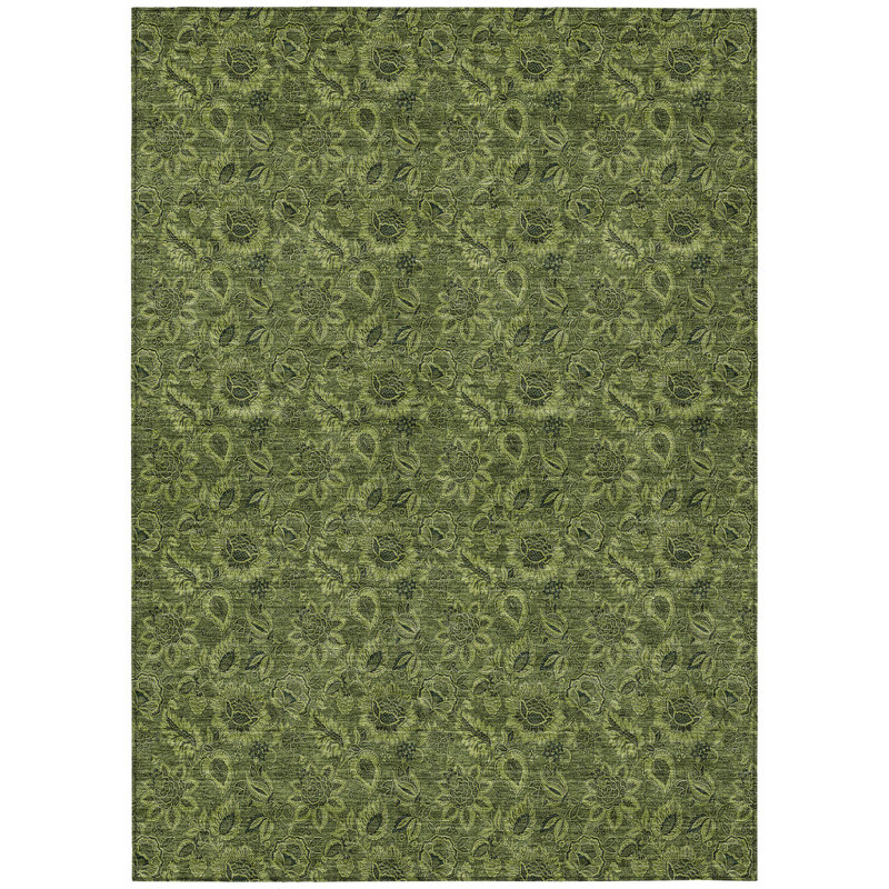 HomeRoots 3' X 5' Olive Green And Fern Green Floral Washable Indoor Outdoor Area Rug