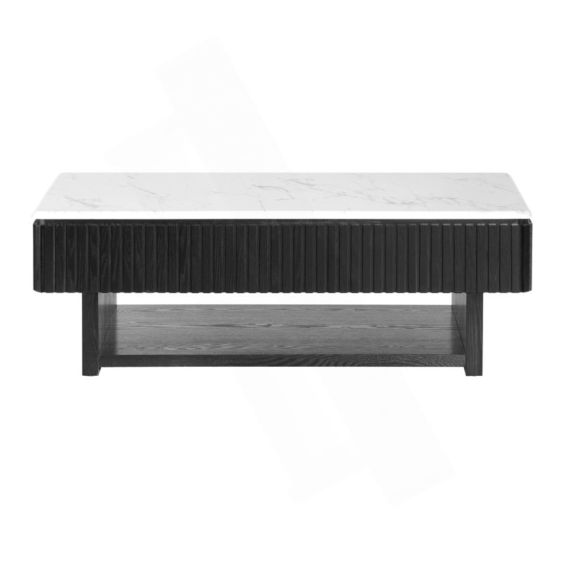 46.5" Rectangle Lift Top Coffee Table with Drawer & Hidden Storage, Modern Fluted Table with White Marble-Pattern Top & Solid Wood Strips, Multi-Functional Center Table for Small Space,Living Room