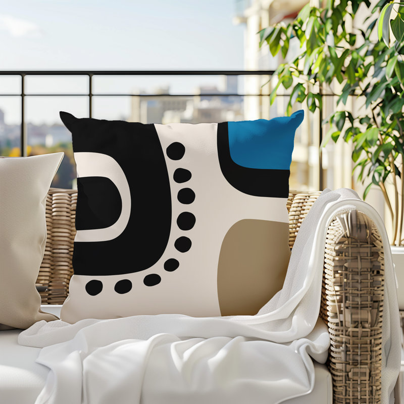 Oreiller carré réversible intérieur / extérieur Tobe Minimalist, H 15 po x l 15 po, Turquoise / noir / blanc cassé