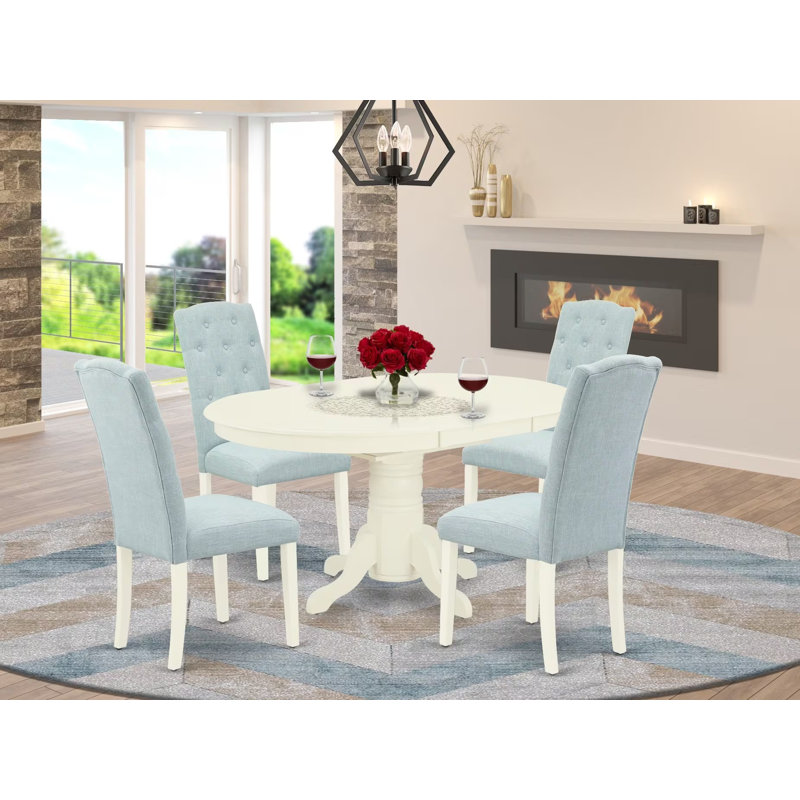 5 Piece Dining Table Set Includes an Oval Dining Room Table with Butterfly Leaf and 4 Baby Blue Linen Fabric Parsons Chairs, Linen White