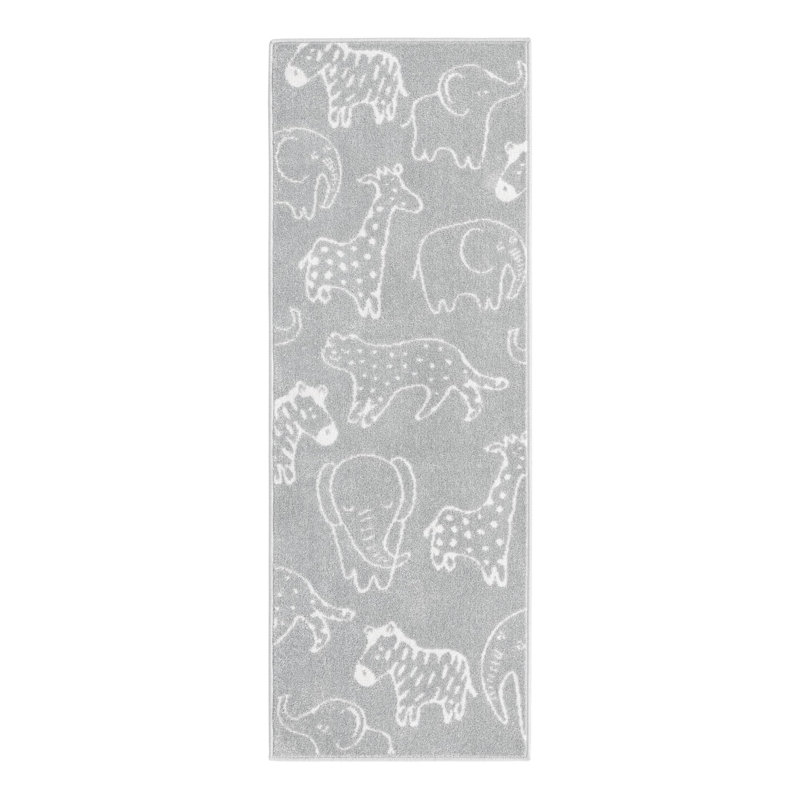 Whimsy Safari Animals Kid Rug, Runner 2'2" x 6', Gray/Ivory