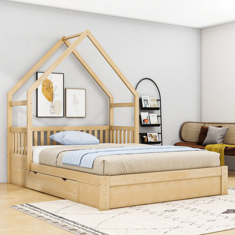 Grand lit plateforme en bois avec 2 tiroirs de rangement, Naturel